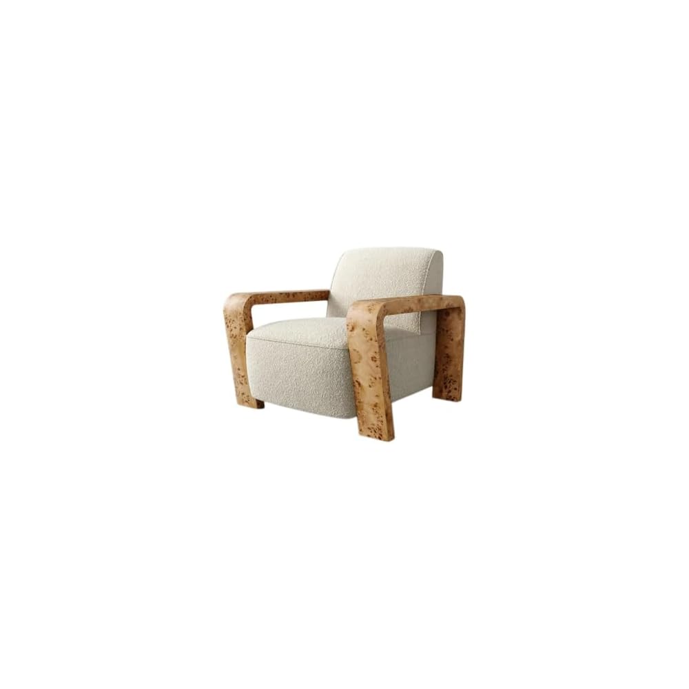 Cream Upholstered Accent Chair with Burl Wood Arms, Modern Lounge Armchair