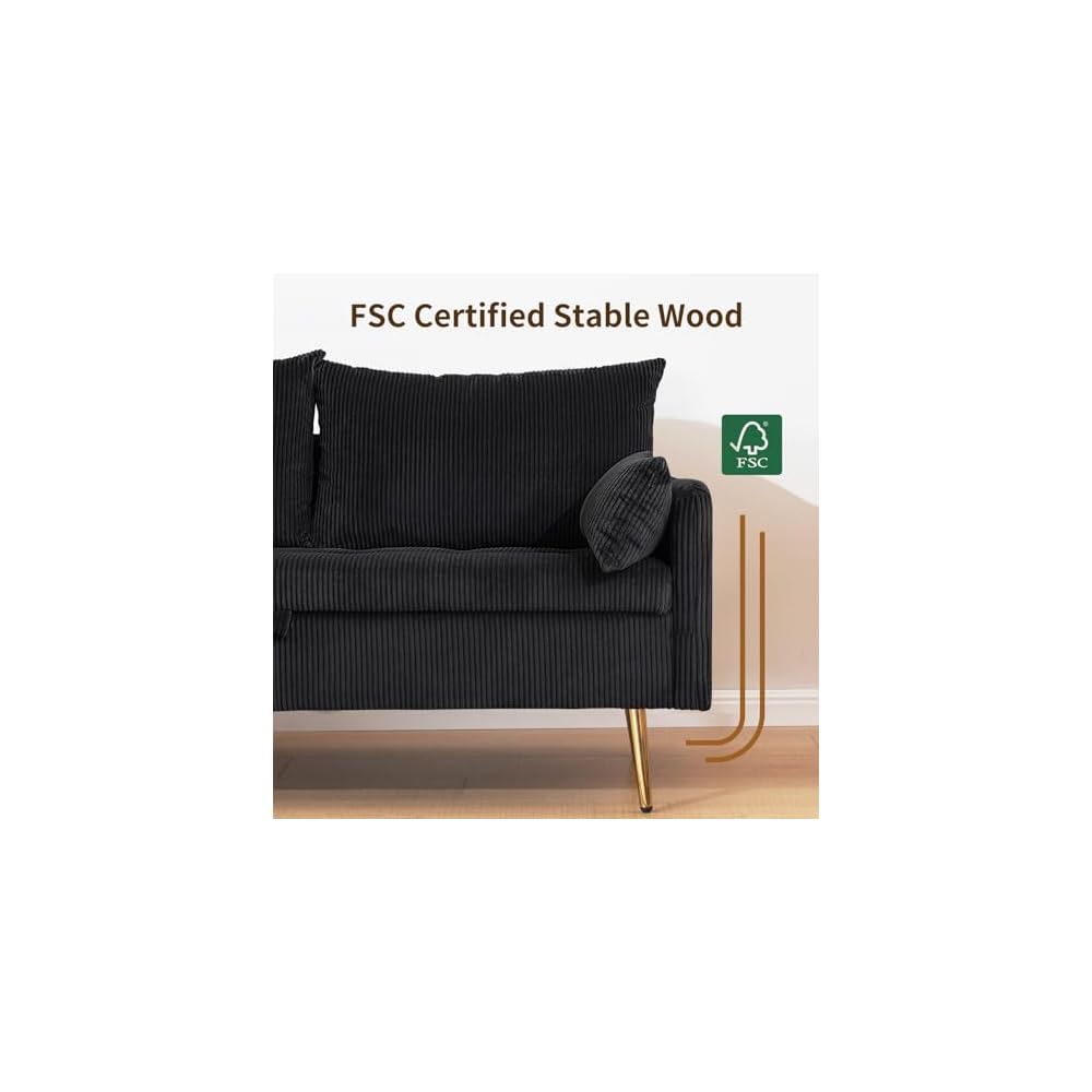 Furnimart 2 Seater Loveseat with Storage, 61" Corduroy Couch for Small Living Room, Bedroom, Tiny Homes & Lofts, Black