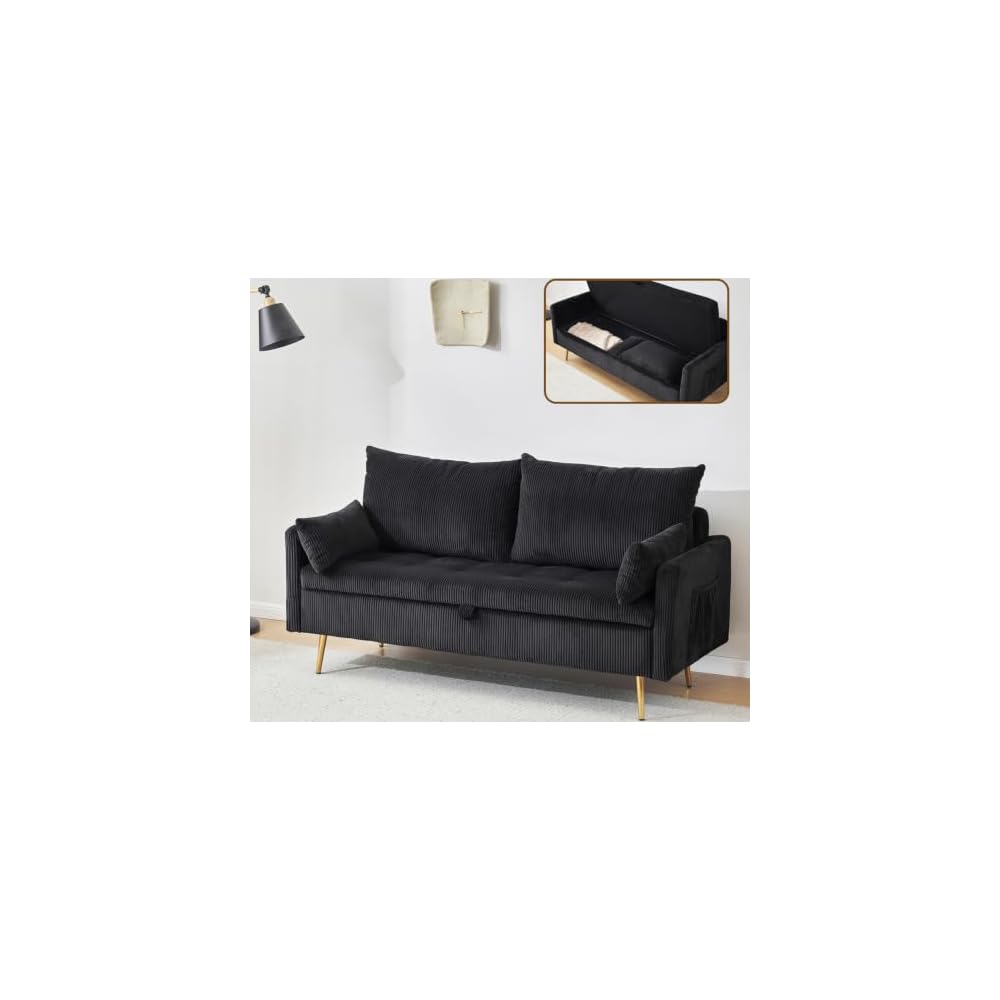 Furnimart 2 Seater Loveseat with Storage, 61" Corduroy Couch for Small Living Room, Bedroom, Tiny Homes & Lofts, Black