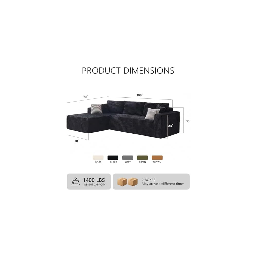 108" Modular L-Shaped Boneless Sectional Sofa, Oversized Chaise Deep Seat Cloud Couch, High-Density Memory Foam Plush Corduroy, No Assembly Required, Black, for Living Room/Apartment
