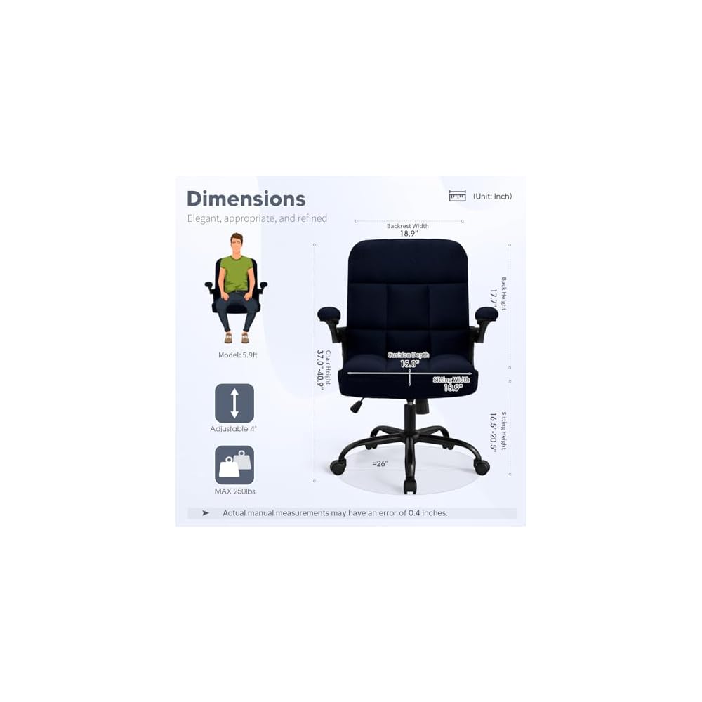 Office Chair with Wheels, Ergonomic Home Office Computer Chair with Flip-up Armrest, Adjustable Rolling Desk Chair Teddy Fleece – Dark Blue
