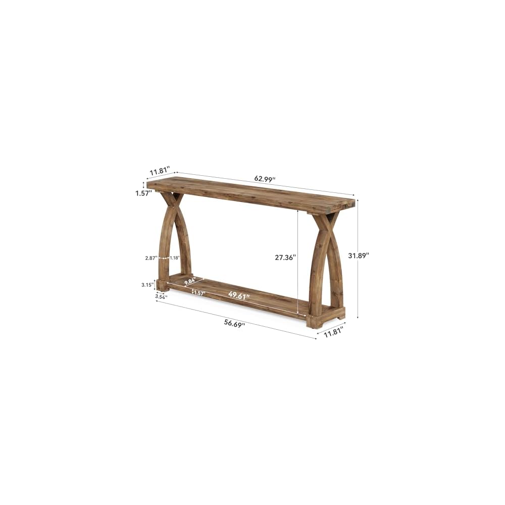 Solid Wood Console Table for Entryway, 63-Inch Narrow Farmhouse Couch Table Behind Sofa with 2-Tier Storage for Entrance, Foyer, Living Room, Long, Rustic Brown