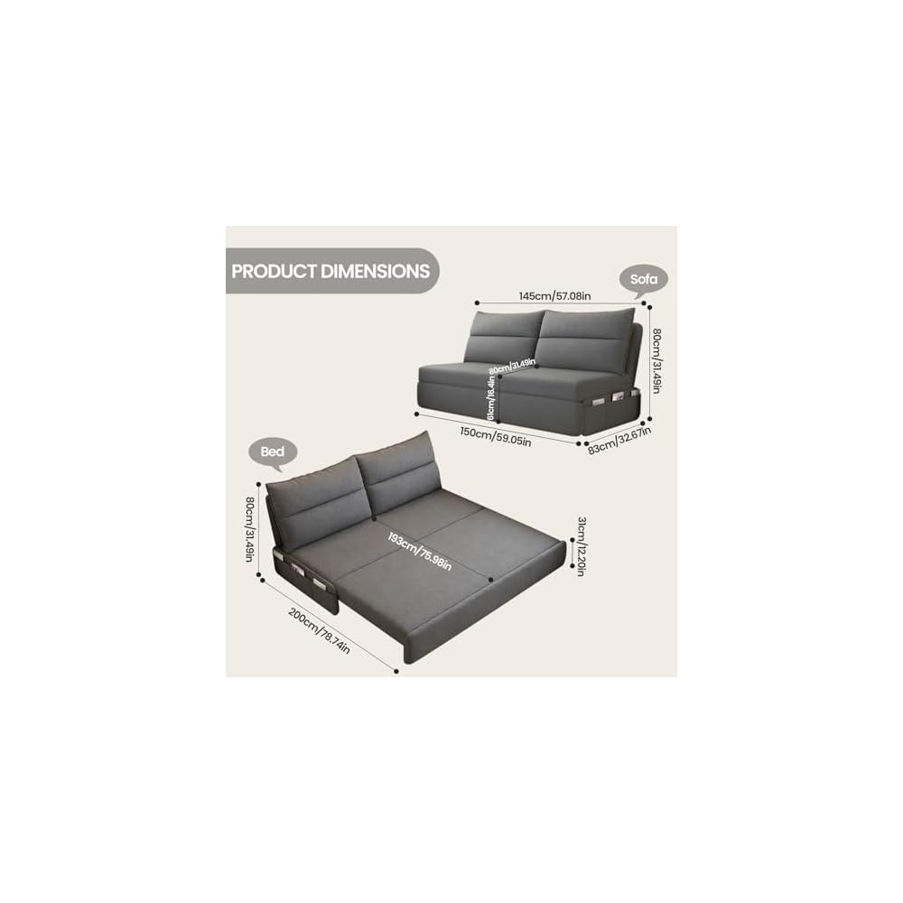 Sofa Bed, Snowflake Velvet Sofa Bed Couches Integrated Dual-use Foldable Small Living Room, Double Person Household, Expandable Multifunctional Sofa (Grey)