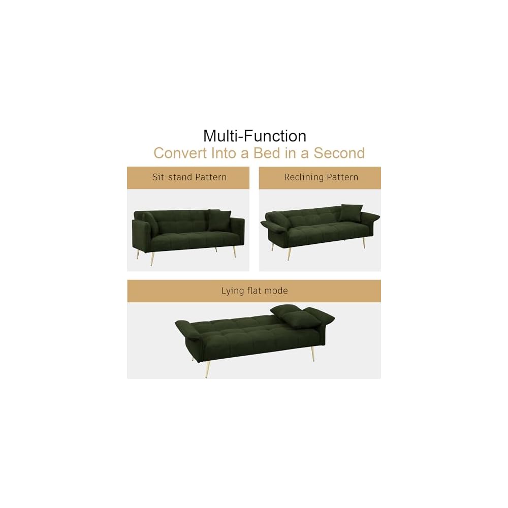 KEIKI Upholstered Loveseat Sofa, 70" Convertible Futon Sofa Bed with Adjustable Arms and Backrest, Removable Pillow Cover, Comfy Cushion, Teddy Fleece Love Seat Couches for Bedroom, Apartment, Green