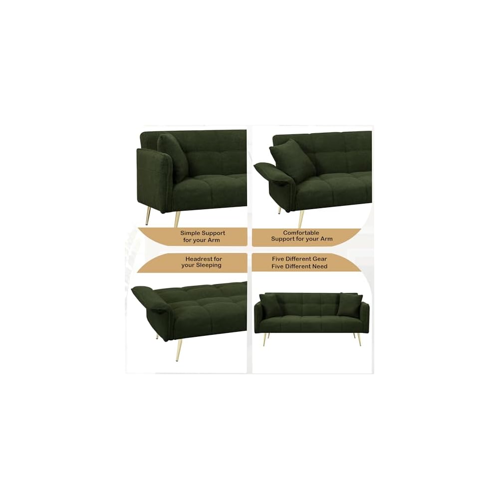 KEIKI Upholstered Loveseat Sofa, 70" Convertible Futon Sofa Bed with Adjustable Arms and Backrest, Removable Pillow Cover, Comfy Cushion, Teddy Fleece Love Seat Couches for Bedroom, Apartment, Green