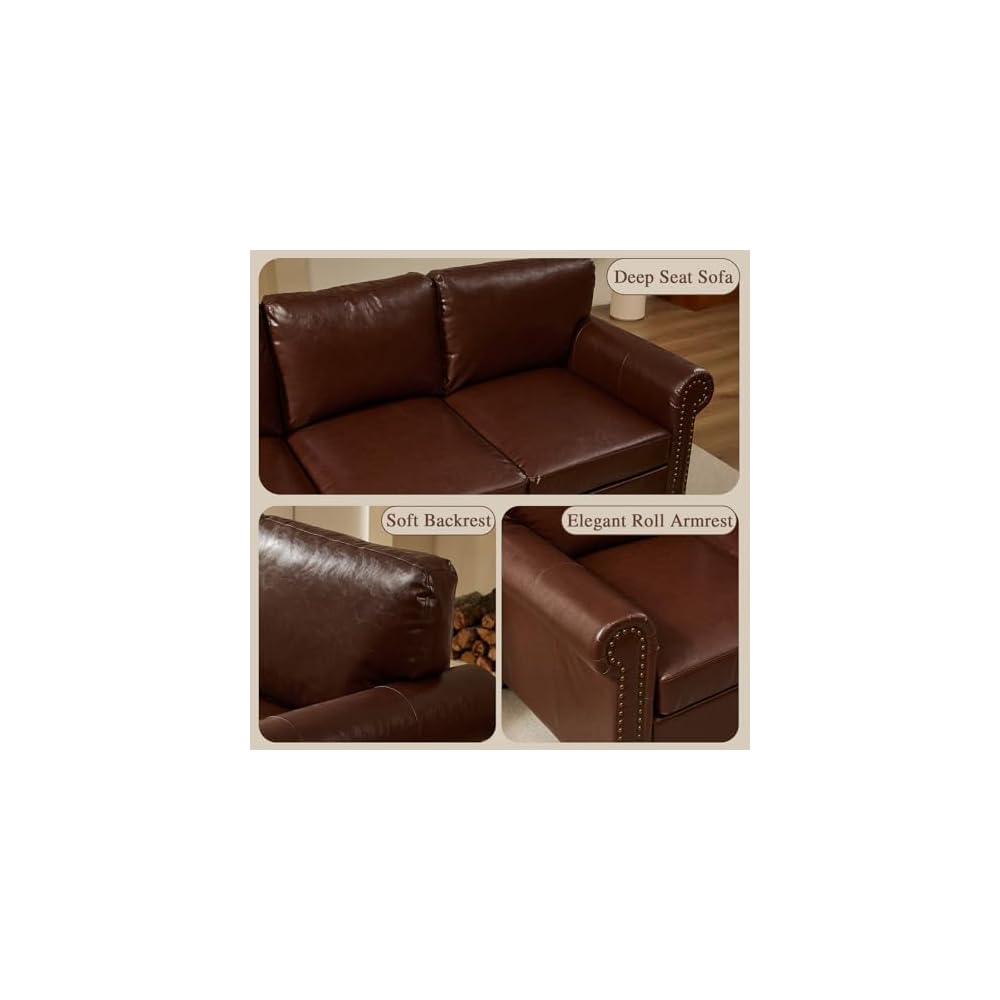79” Leather Sofa Couch with Storage, Mid Century Modern Rolled Arm Couches for Living Room Furniture, Nailhead Trim, Dark Brown