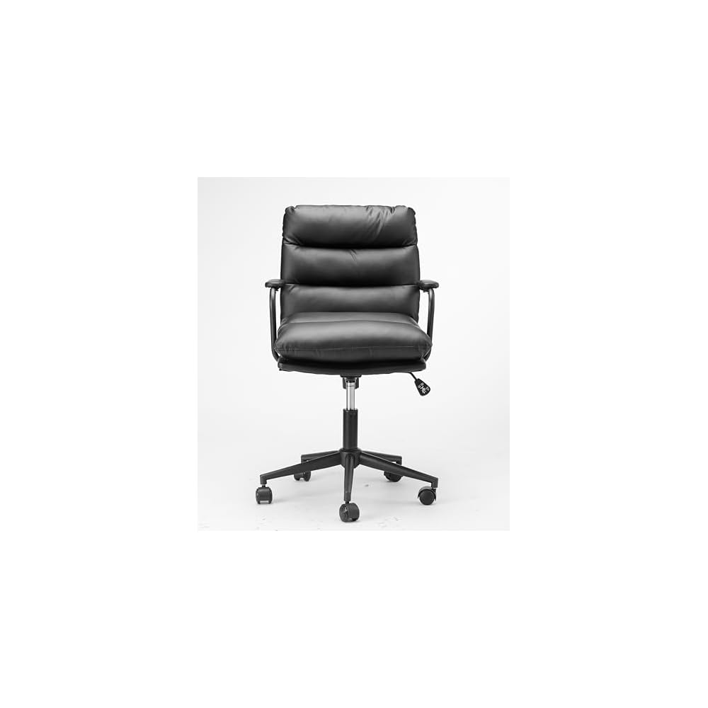 Black Leather Office Chair Mid Back Leather Desk Chair Modern Excutive Office Chair with Arms and Wheels for Home Office