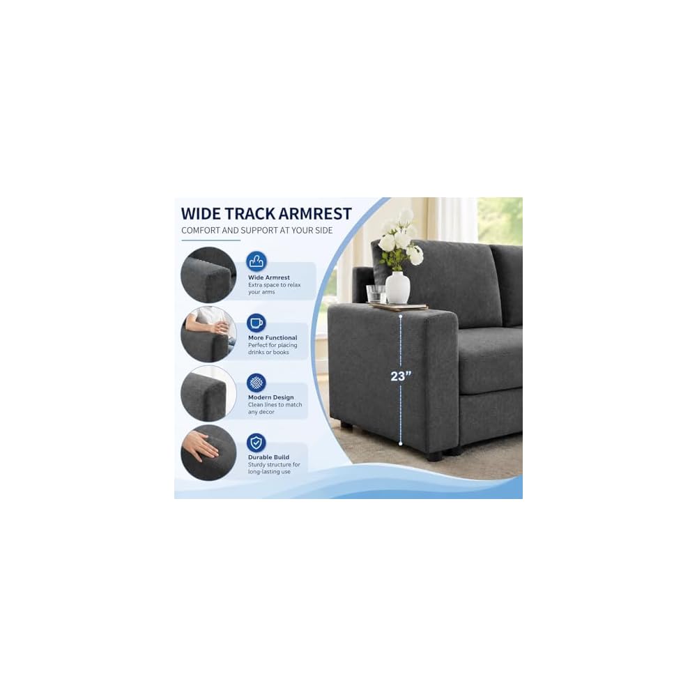 100" L-Shaped Sectional Couch with Reversible Deep Chaise, Grey