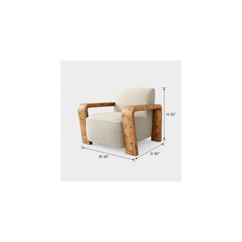 Cream Upholstered Accent Chair with Burl Wood Arms, Modern Lounge Armchair