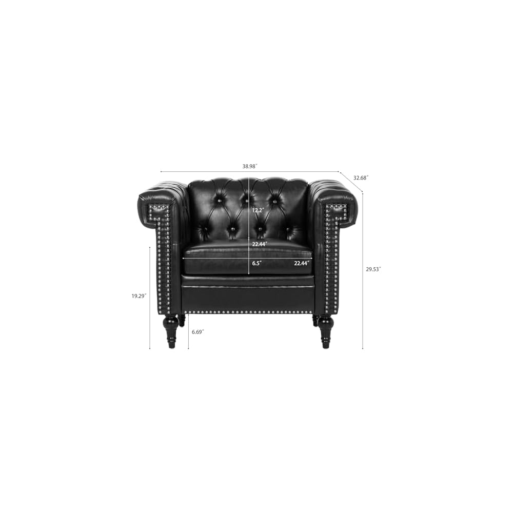 Chesterfield Sofa, Faux Leather Sofa Chair with Nailhead Trim & Square Arm, Mid Century Modern Armchair with Button Tufted Back & Removable Cushion, Comfy Reading Chair for Living Room, Office, Black