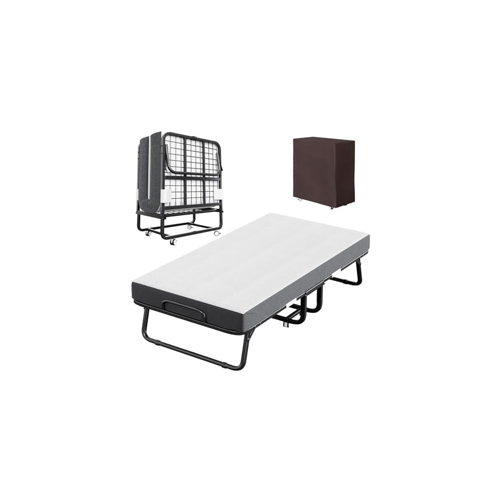 CAIYUN Folding Bed with Mattress and Storage Cover - 75"x38" Twin Size Frame, Portable Rollaway Guest Bed with 5-inch Memory Foam Mattress, Space-Saving Foldable Design for Easy Storage