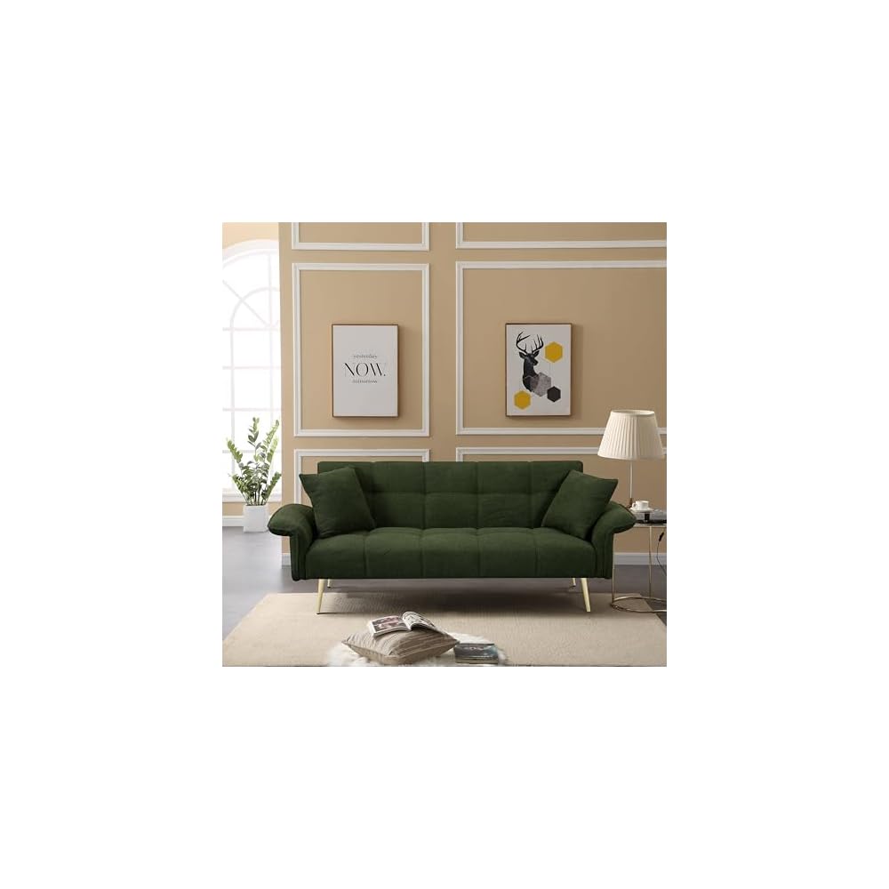KEIKI Upholstered Loveseat Sofa, 70" Convertible Futon Sofa Bed with Adjustable Arms and Backrest, Removable Pillow Cover, Comfy Cushion, Teddy Fleece Love Seat Couches for Bedroom, Apartment, Green