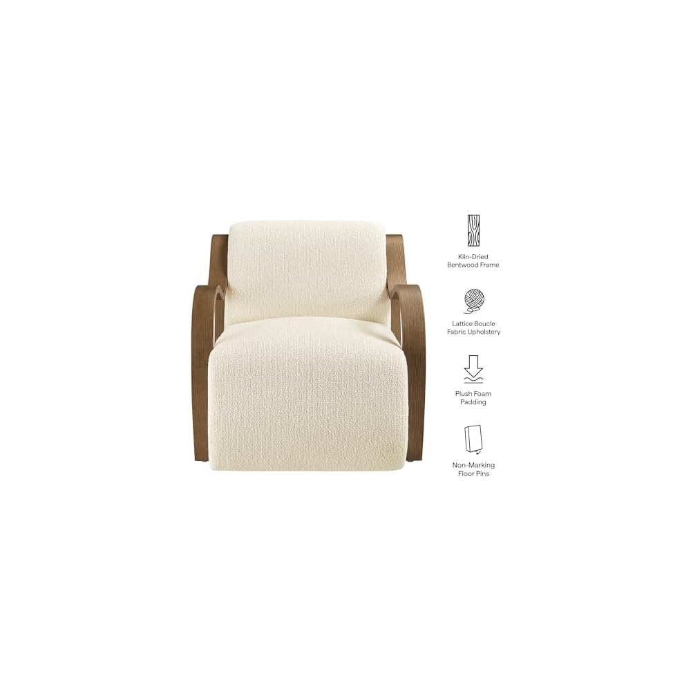 Modway Atrium Boucle Upholstered Lounge Chair in Cream with Sculptural Bentwood Arms – Mid-Century Modern Accent Armchair for Living Room or Bedroom