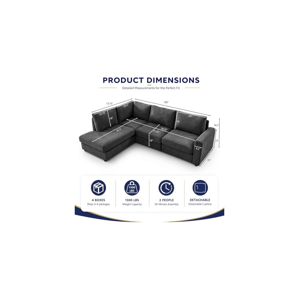 100" L-Shaped Sectional Couch with Reversible Deep Chaise, Grey