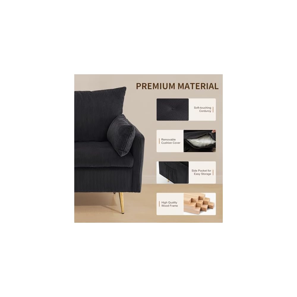Furnimart 2 Seater Loveseat with Storage, 61" Corduroy Couch for Small Living Room, Bedroom, Tiny Homes & Lofts, Black