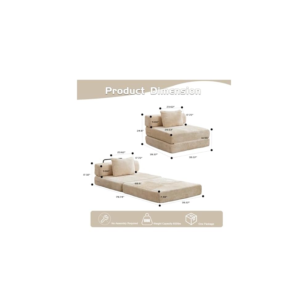 Folding Sofa Bed, Beige Convertible Floor Sleeper Chair, Comfy Futon Floor Couch, 2 in 1 Pull Out Single Boneless Sofa for Living Room, Bedroom, No Assembly, Chenille
