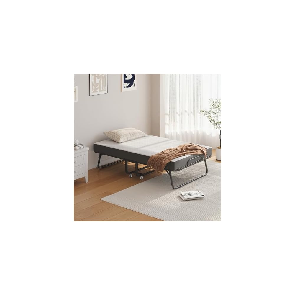 CAIYUN Folding Bed with Mattress and Storage Cover - 75"x38" Twin Size Frame, Portable Rollaway Guest Bed with 5-inch Memory Foam Mattress, Space-Saving Foldable Design for Easy Storage