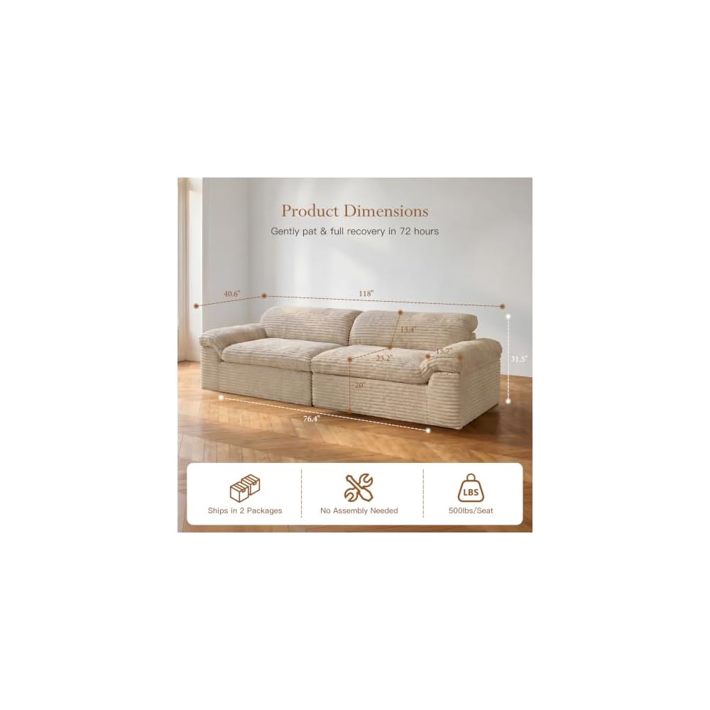 Vesgantti 118" Cloud Boneless Couch, 3 Seater Corduroy Sofa, Carmel
