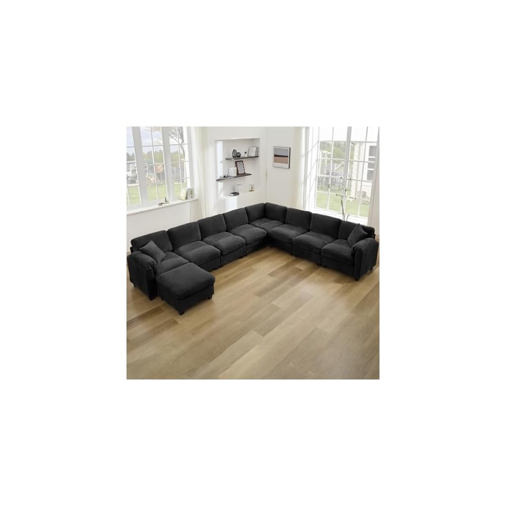 IPKIG 140'' U-Shaped Sectional Sofa with Ottoman, Corduroy Modern Modular Cloud Couches for Living Room with 2 Throw Pillows and Deep Seat, Center Stitched Design (Black, 9 Seater)