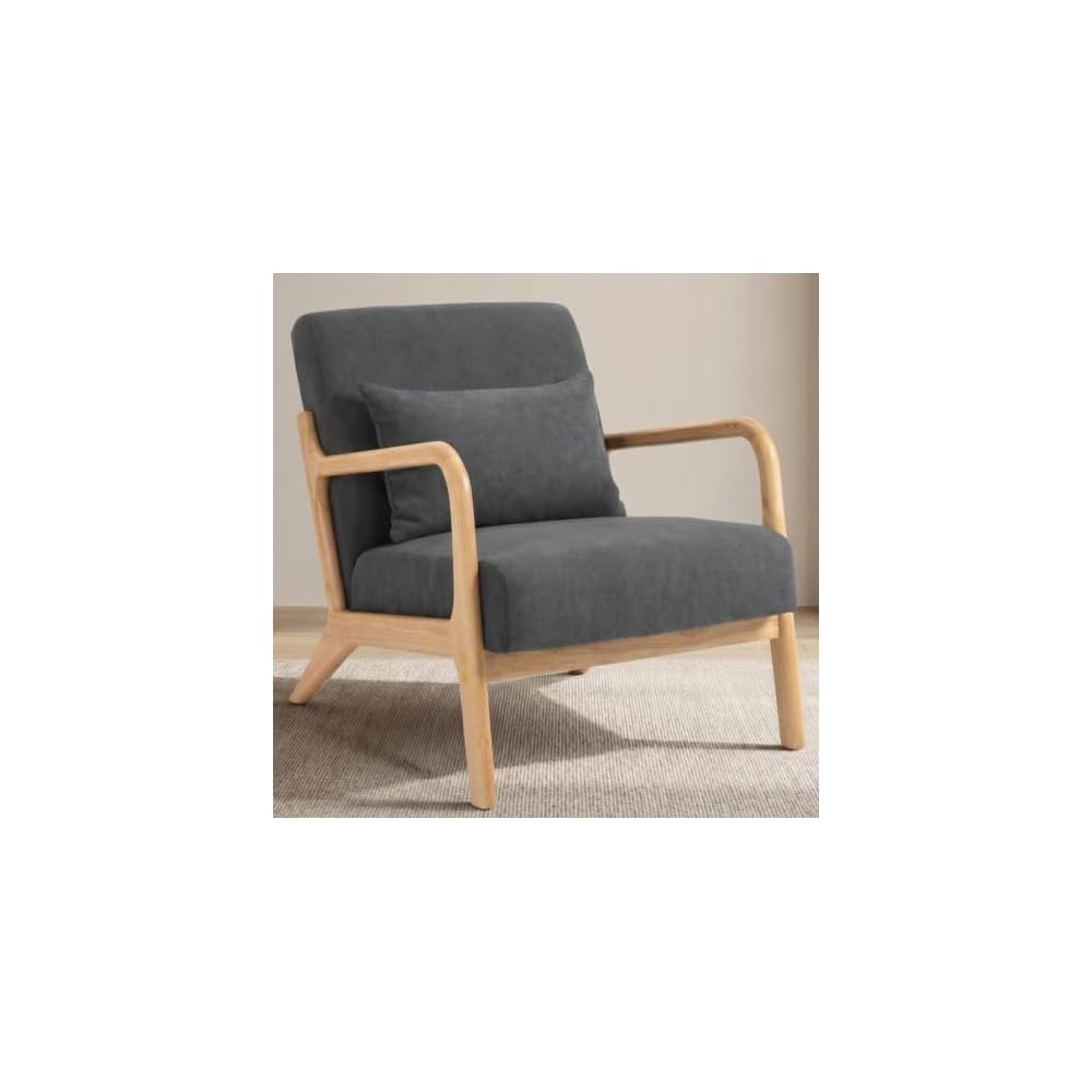 Komene Mid-Century Modern Accent Chair, Arm Chair Living Room Chairs with Pillow Upholstered Reading Chair with Solid Wood Frame & Living Room Bedroom Balcony （Light Heather Grey）