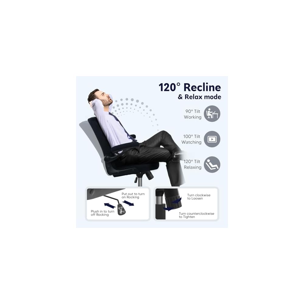 Office Chair with Wheels, Ergonomic Home Office Computer Chair with Flip-up Armrest, Adjustable Rolling Desk Chair Teddy Fleece – Dark Blue