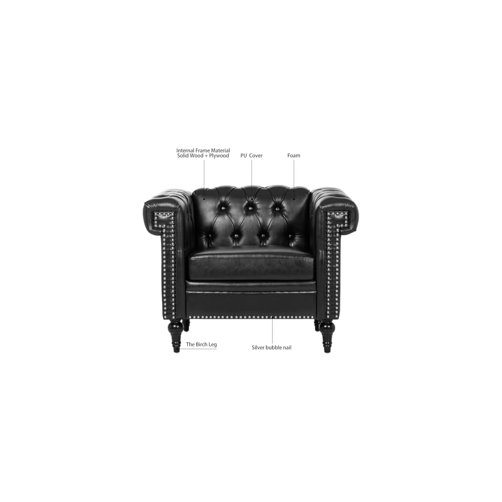 Chesterfield Sofa, Faux Leather Sofa Chair with Nailhead Trim & Square Arm, Mid Century Modern Armchair with Button Tufted Back & Removable Cushion, Comfy Reading Chair for Living Room, Office, Black