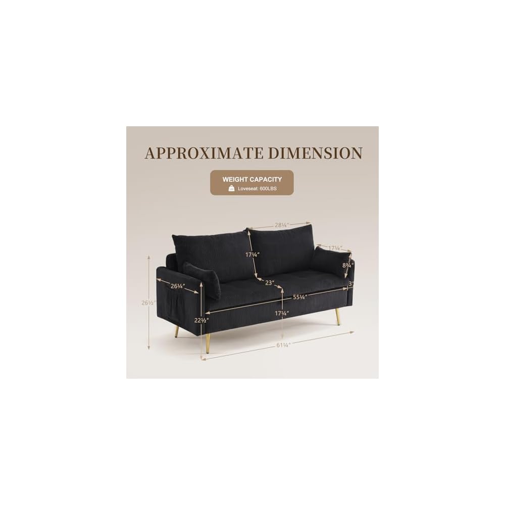 Furnimart 2 Seater Loveseat with Storage, 61" Corduroy Couch for Small Living Room, Bedroom, Tiny Homes & Lofts, Black