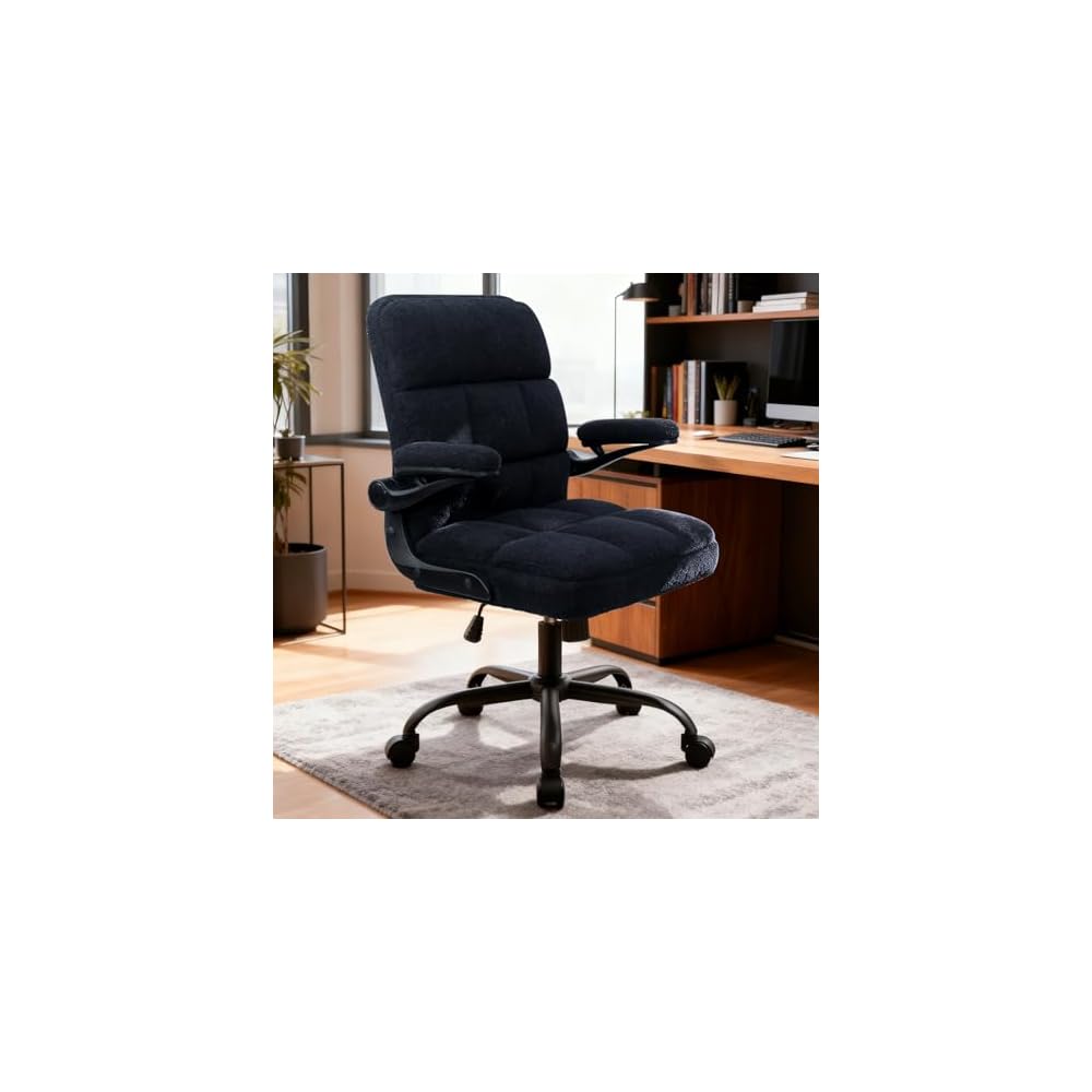 Office Chair with Wheels, Ergonomic Home Office Computer Chair with Flip-up Armrest, Adjustable Rolling Desk Chair Teddy Fleece – Dark Blue