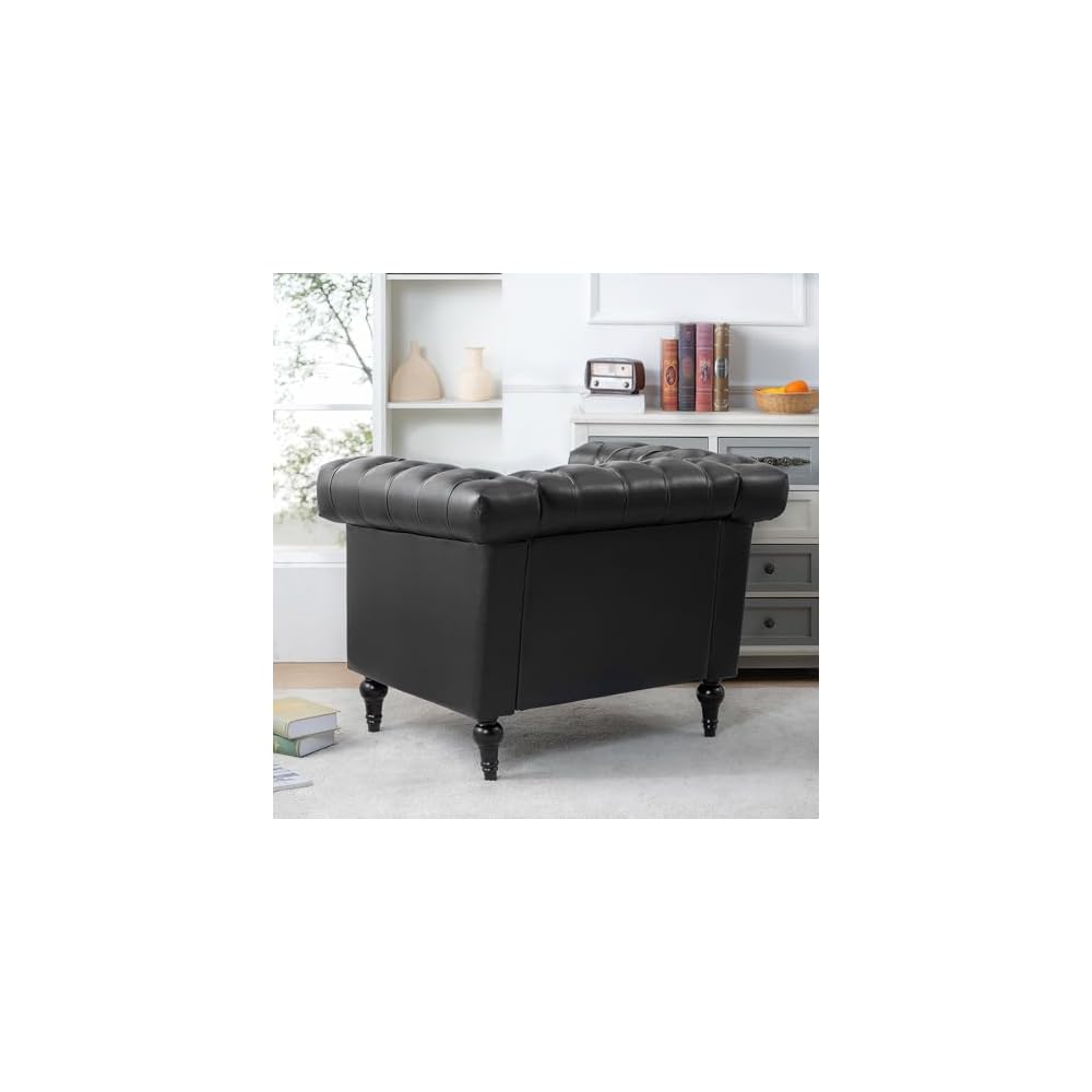 Chesterfield Sofa, Faux Leather Sofa Chair with Nailhead Trim & Square Arm, Mid Century Modern Armchair with Button Tufted Back & Removable Cushion, Comfy Reading Chair for Living Room, Office, Black