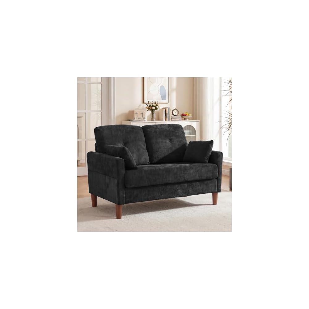 Vipbear 48" Loveseat Sofa,Modern Small Couches for Small Spaces,Black Chenille Love Seat Couch for Living Room,Bedroom,Apartment,Office,Deep Seat,Throw Pillow,Side Pockets,Square Armrest