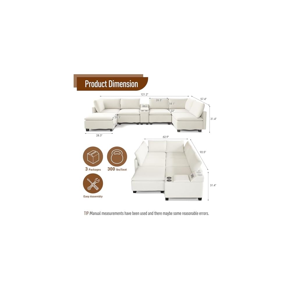121" U-Shaped Sectional Sofa, Chenille Cloud Modular Couch, Beige White