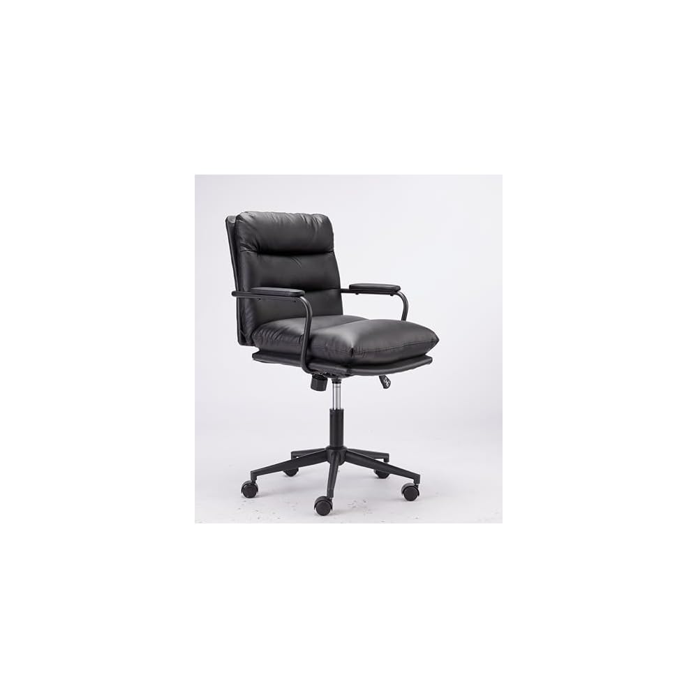 Black Leather Office Chair Mid Back Leather Desk Chair Modern Excutive Office Chair with Arms and Wheels for Home Office