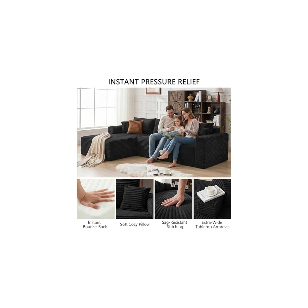 108" Modular L-Shaped Boneless Sectional Sofa, Oversized Chaise Deep Seat Cloud Couch, High-Density Memory Foam Plush Corduroy, No Assembly Required, Black, for Living Room/Apartment