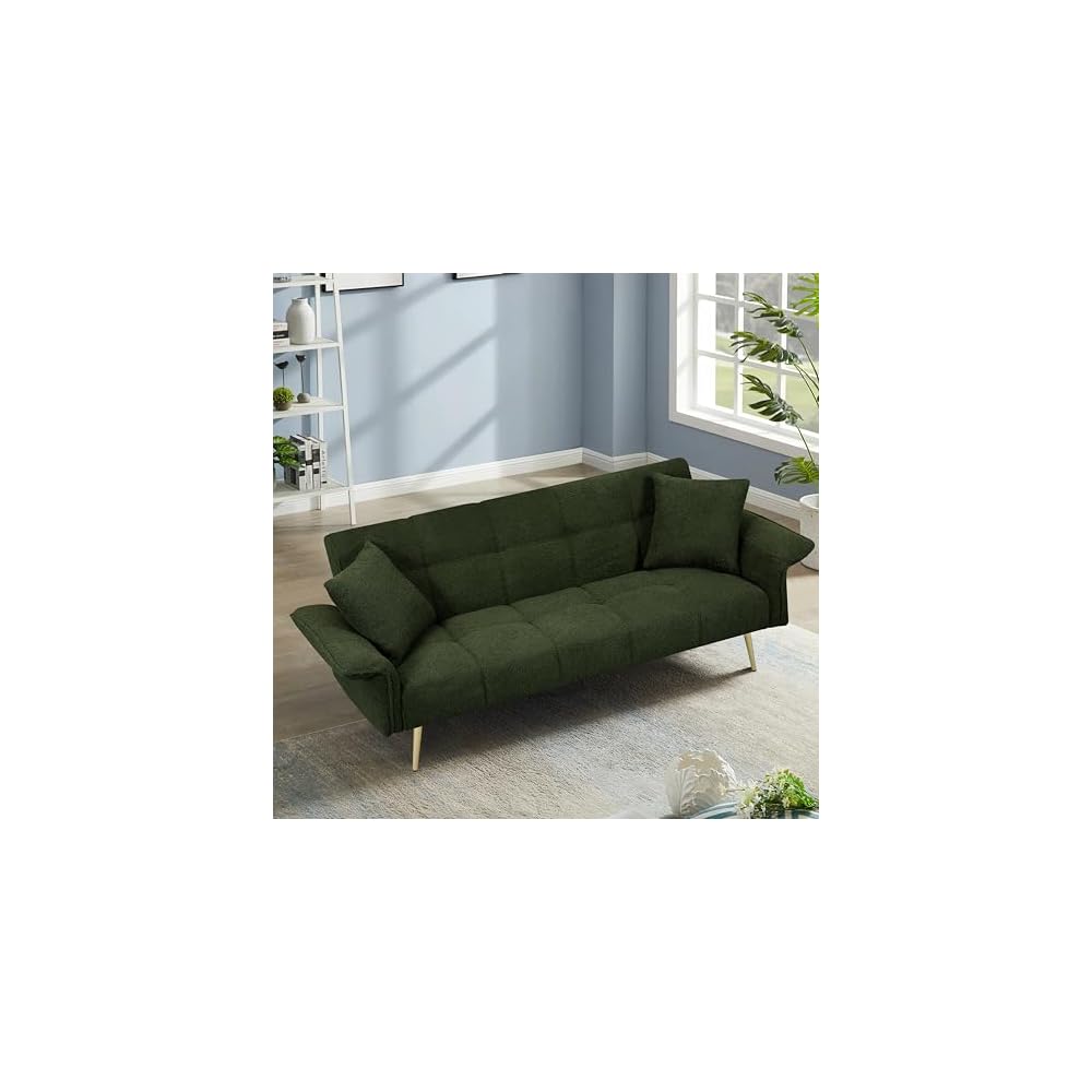 KEIKI Upholstered Loveseat Sofa, 70" Convertible Futon Sofa Bed with Adjustable Arms and Backrest, Removable Pillow Cover, Comfy Cushion, Teddy Fleece Love Seat Couches for Bedroom, Apartment, Green