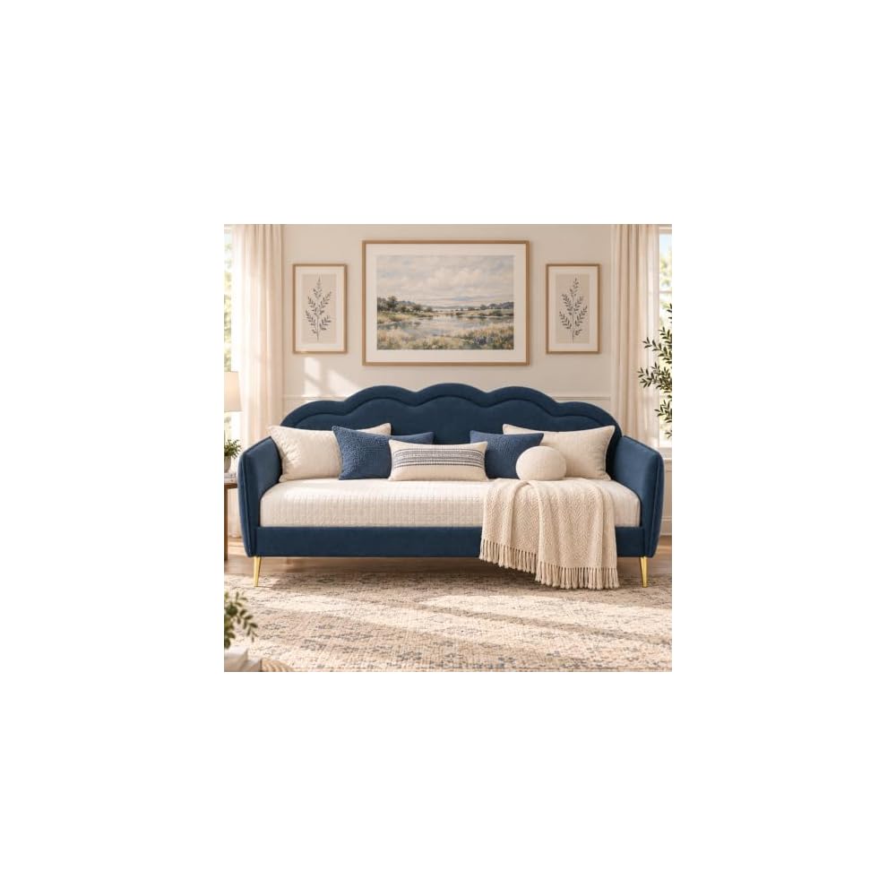 VELOCAVA Twin Size Upholstered Daybed with Cloud-Shaped Backrest, Blue