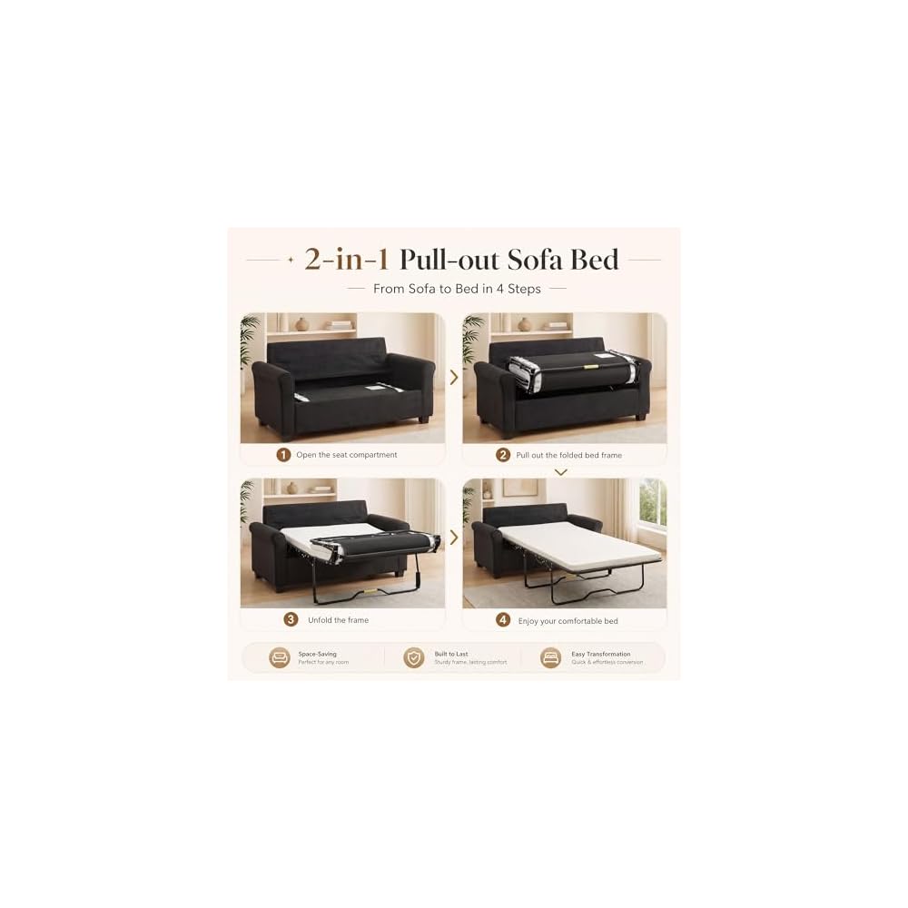 Pull Out Sofa Bed,57"Sleeper Loveseat Couch for Living Room,Black