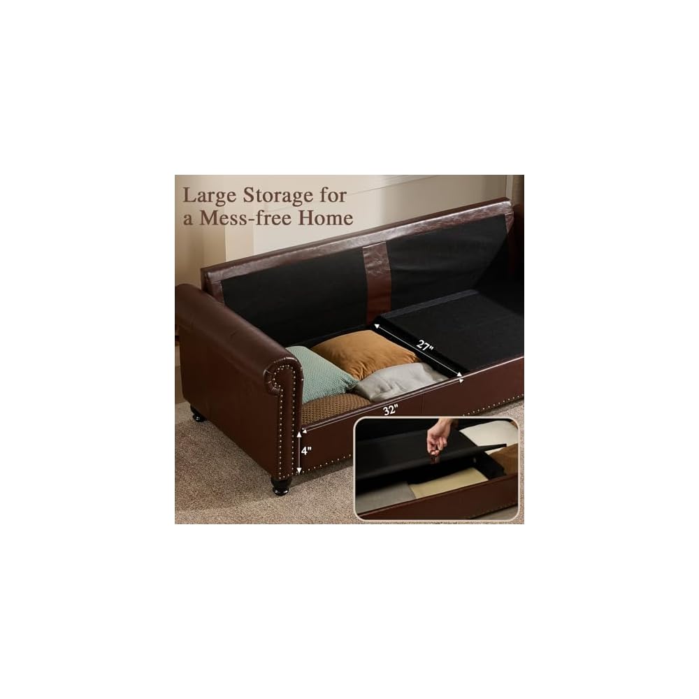 79” Leather Sofa Couch with Storage, Mid Century Modern Rolled Arm Couches for Living Room Furniture, Nailhead Trim, Dark Brown