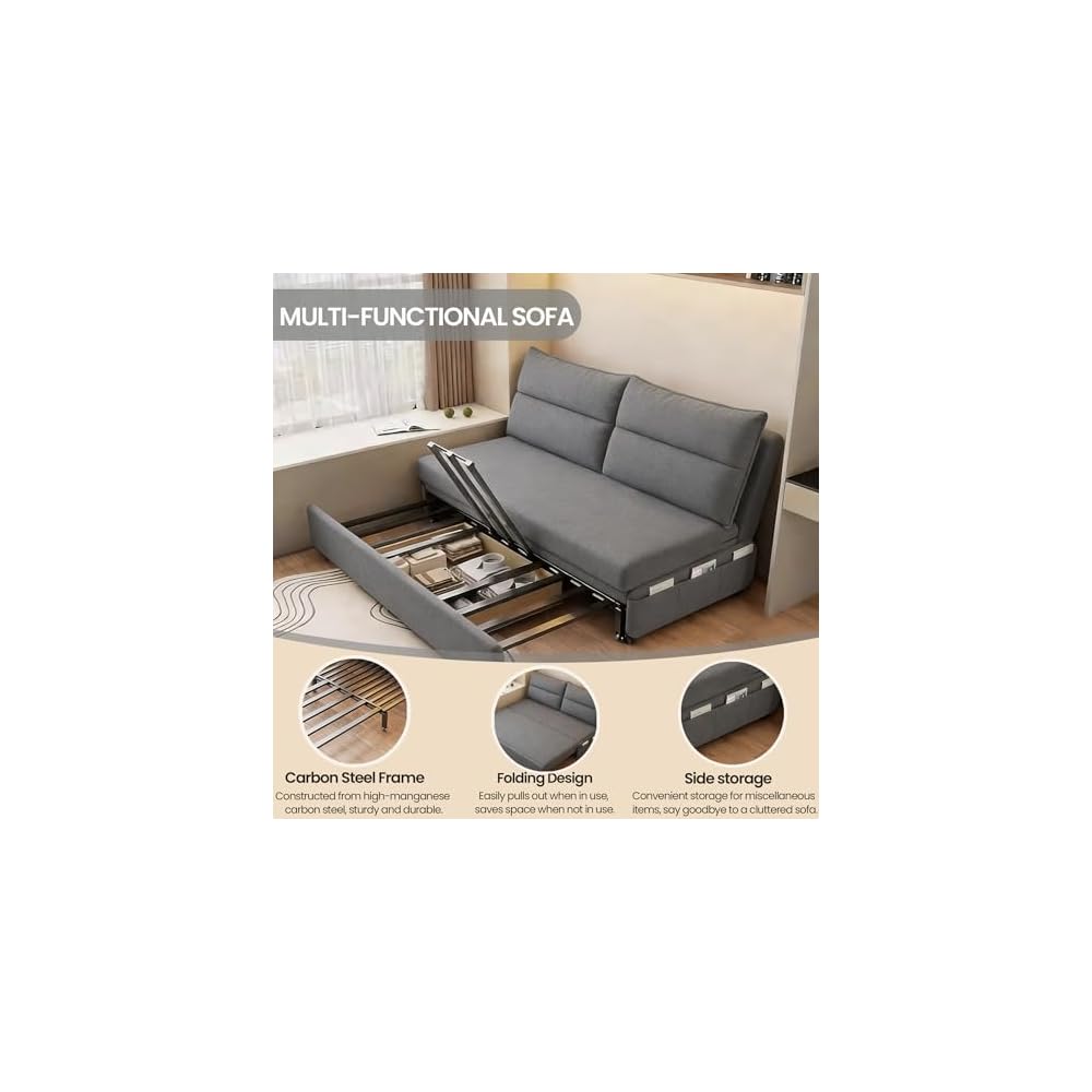 Sofa Bed, Snowflake Velvet Sofa Bed Couches Integrated Dual-use Foldable Small Living Room, Double Person Household, Expandable Multifunctional Sofa (Grey)