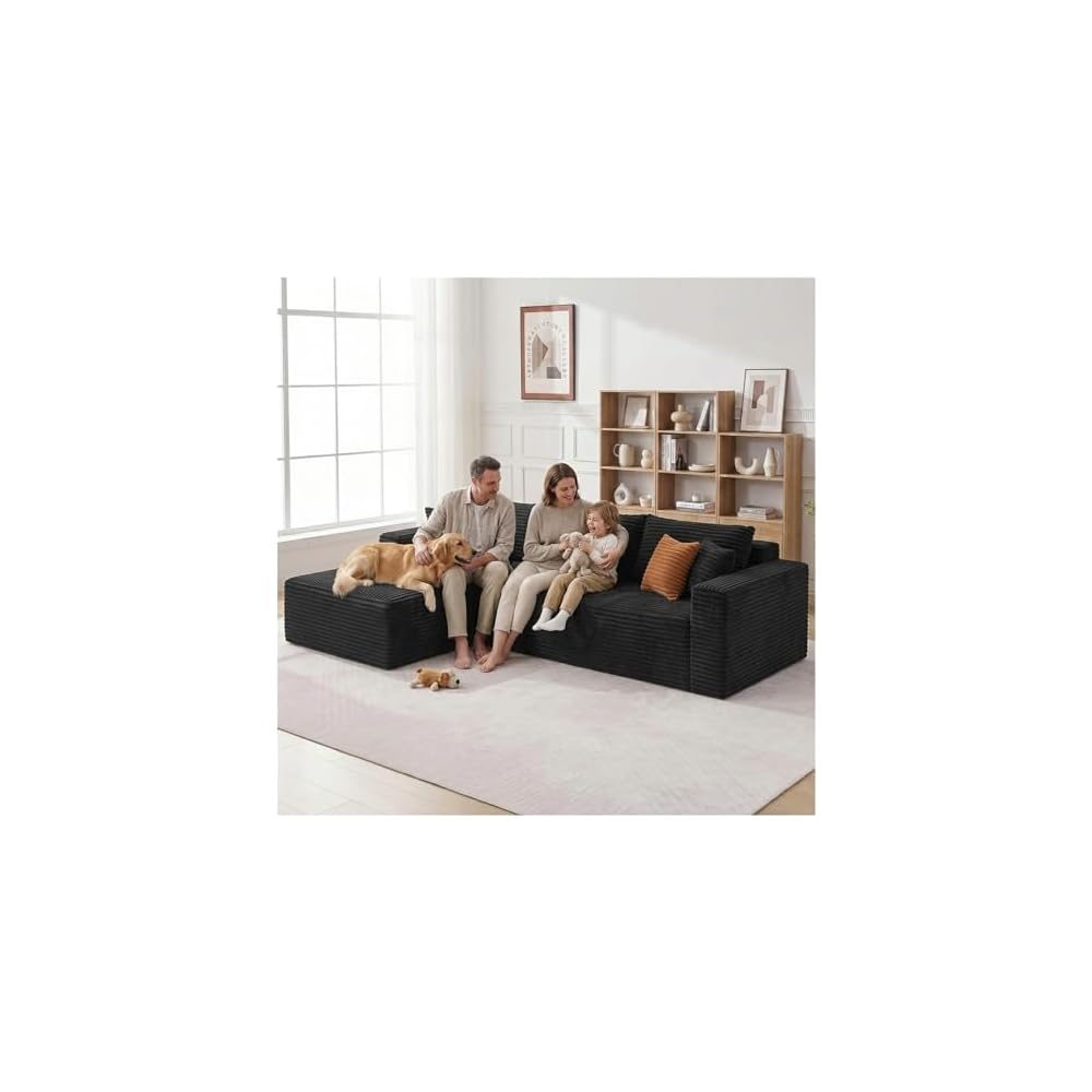 108" Modular L-Shaped Boneless Sectional Sofa, Oversized Chaise Deep Seat Cloud Couch, High-Density Memory Foam Plush Corduroy, No Assembly Required, Black, for Living Room/Apartment