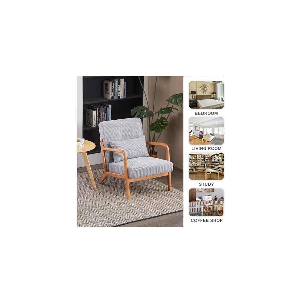 Komene Mid-Century Modern Accent Chair, Arm Chair Living Room Chairs with Pillow Upholstered Reading Chair with Solid Wood Frame & Living Room Bedroom Balcony （Light Heather Grey）