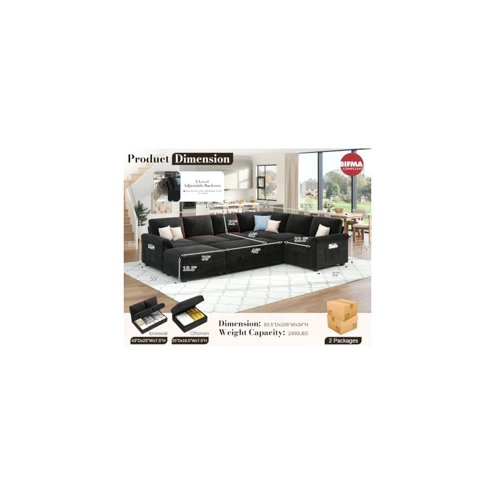 105" Sofa Bed, Sectional Sleeper Sofa, Pull Out Couch with Storage