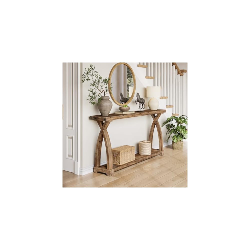 Solid Wood Console Table for Entryway, 63-Inch Narrow Farmhouse Couch Table Behind Sofa with 2-Tier Storage for Entrance, Foyer, Living Room, Long, Rustic Brown