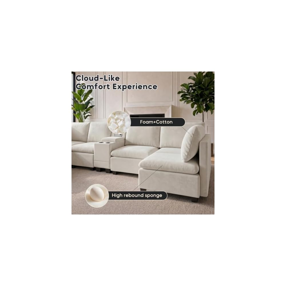 121" U-Shaped Sectional Sofa, Chenille Cloud Modular Couch, Beige White