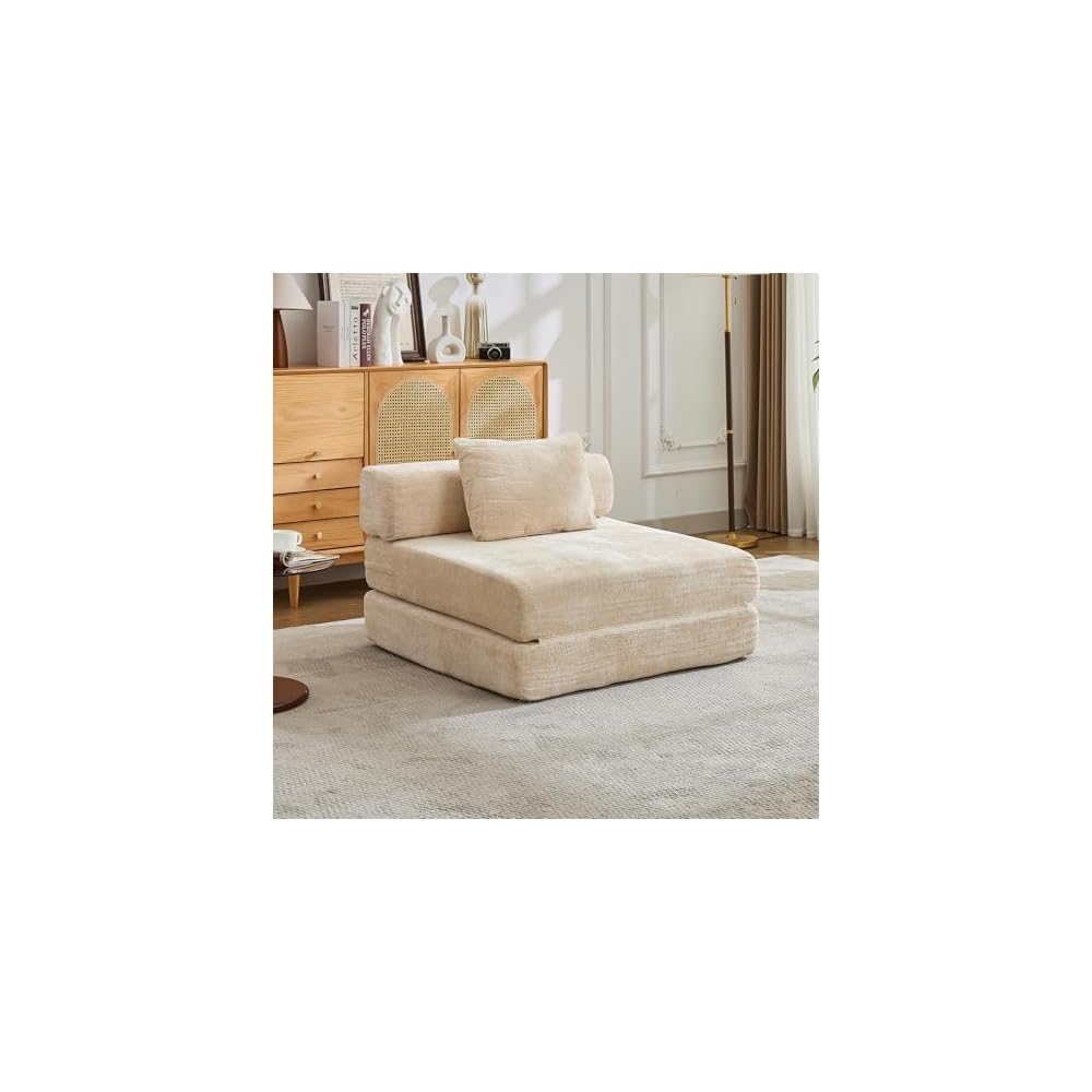 Folding Sofa Bed, Beige Convertible Floor Sleeper Chair, Comfy Futon Floor Couch, 2 in 1 Pull Out Single Boneless Sofa for Living Room, Bedroom, No Assembly, Chenille