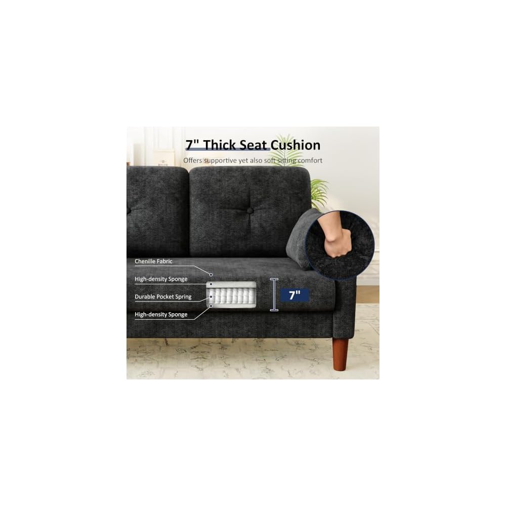 Vipbear 48" Loveseat Sofa,Modern Small Couches for Small Spaces,Black Chenille Love Seat Couch for Living Room,Bedroom,Apartment,Office,Deep Seat,Throw Pillow,Side Pockets,Square Armrest