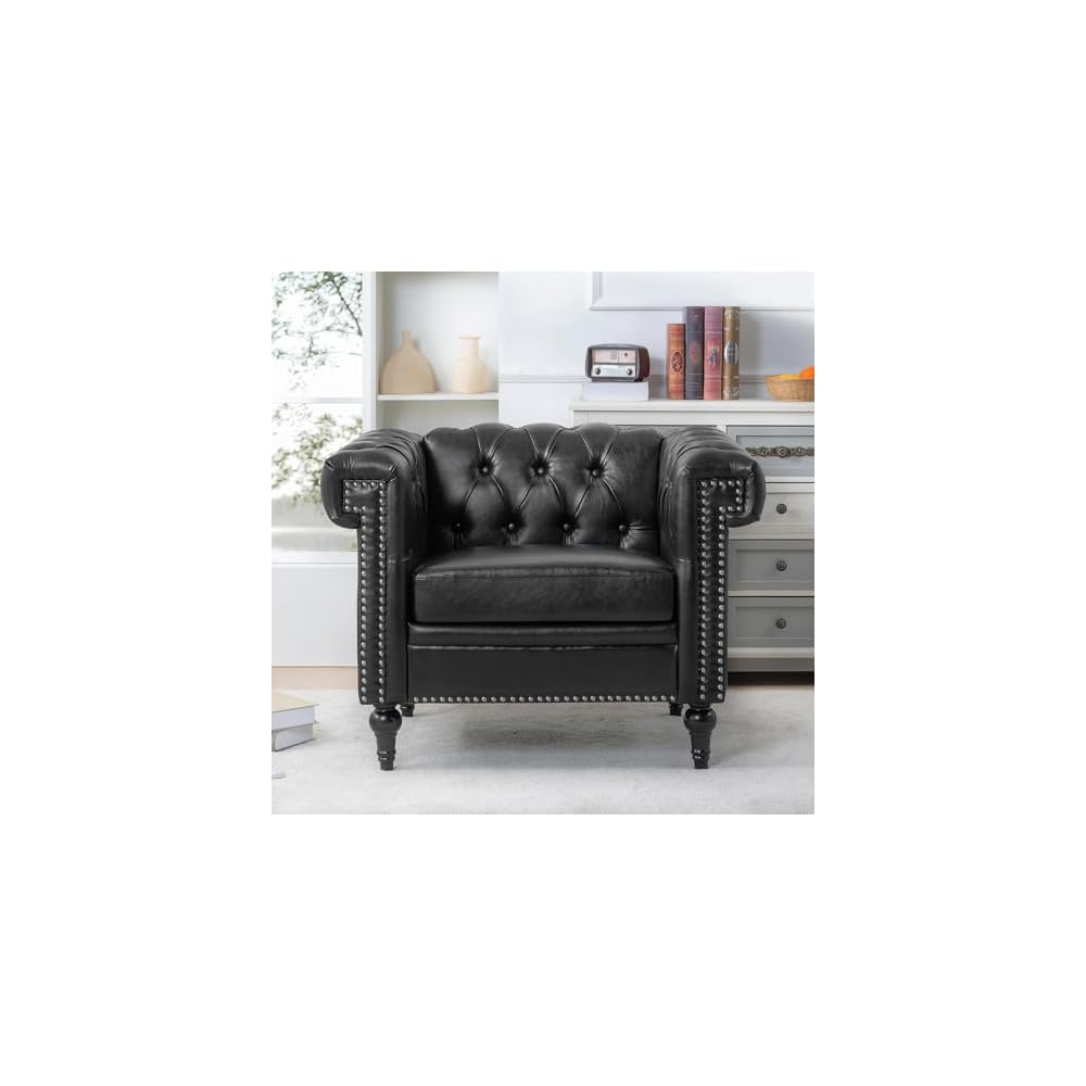 Chesterfield Sofa, Faux Leather Sofa Chair with Nailhead Trim & Square Arm, Mid Century Modern Armchair with Button Tufted Back & Removable Cushion, Comfy Reading Chair for Living Room, Office, Black