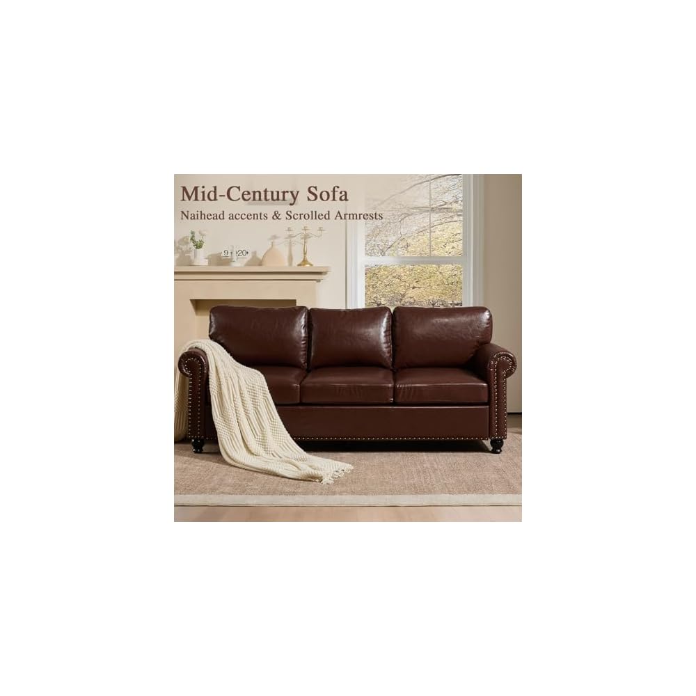 79” Leather Sofa Couch with Storage, Mid Century Modern Rolled Arm Couches for Living Room Furniture, Nailhead Trim, Dark Brown
