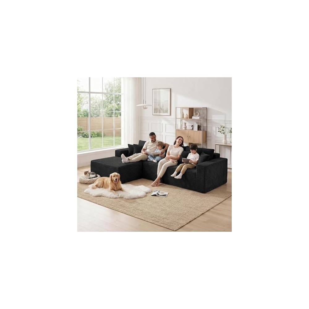 108" Modular L-Shaped Boneless Sectional Sofa, Oversized Chaise Deep Seat Cloud Couch, High-Density Memory Foam Plush Corduroy, No Assembly Required, Black, for Living Room/Apartment