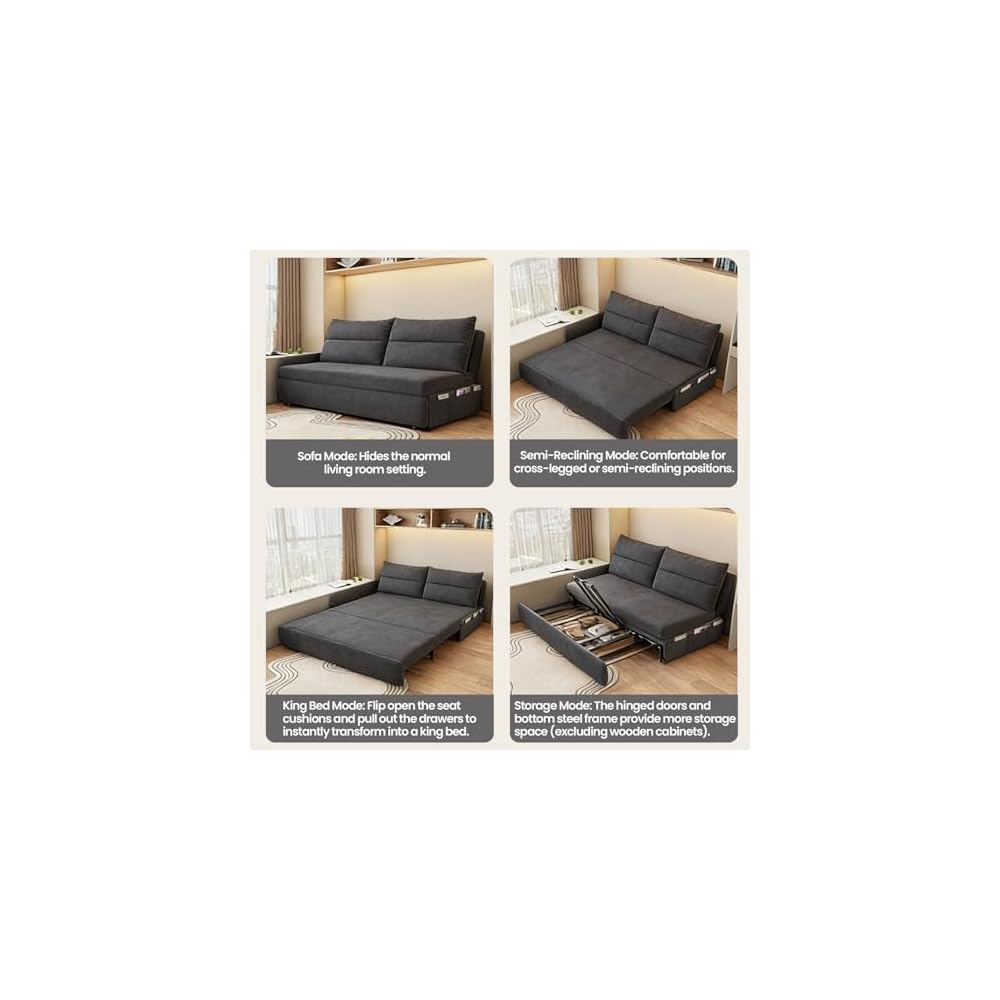 Sofa Bed, Snowflake Velvet Sofa Bed Couches Integrated Dual-use Foldable Small Living Room, Double Person Household, Expandable Multifunctional Sofa (Grey)