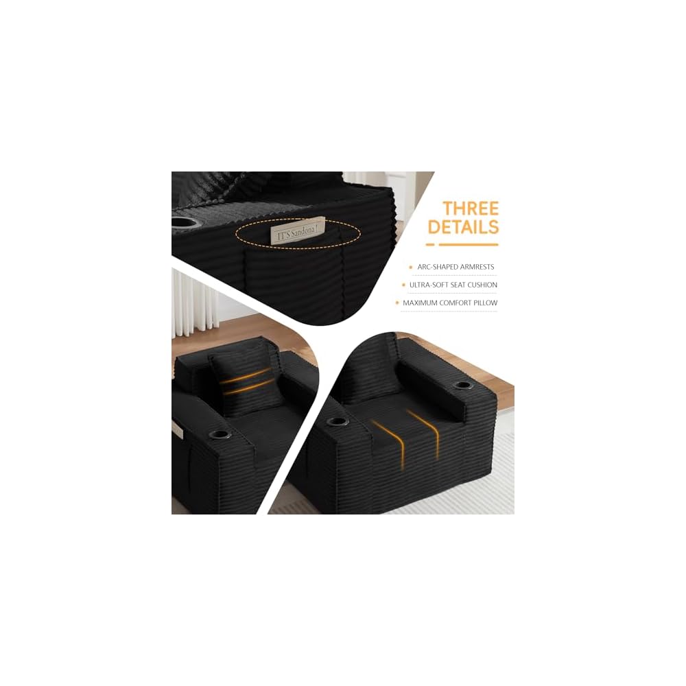 43" Boneless Single Seat Sofa with Cup Holder & Side Pocket, Black